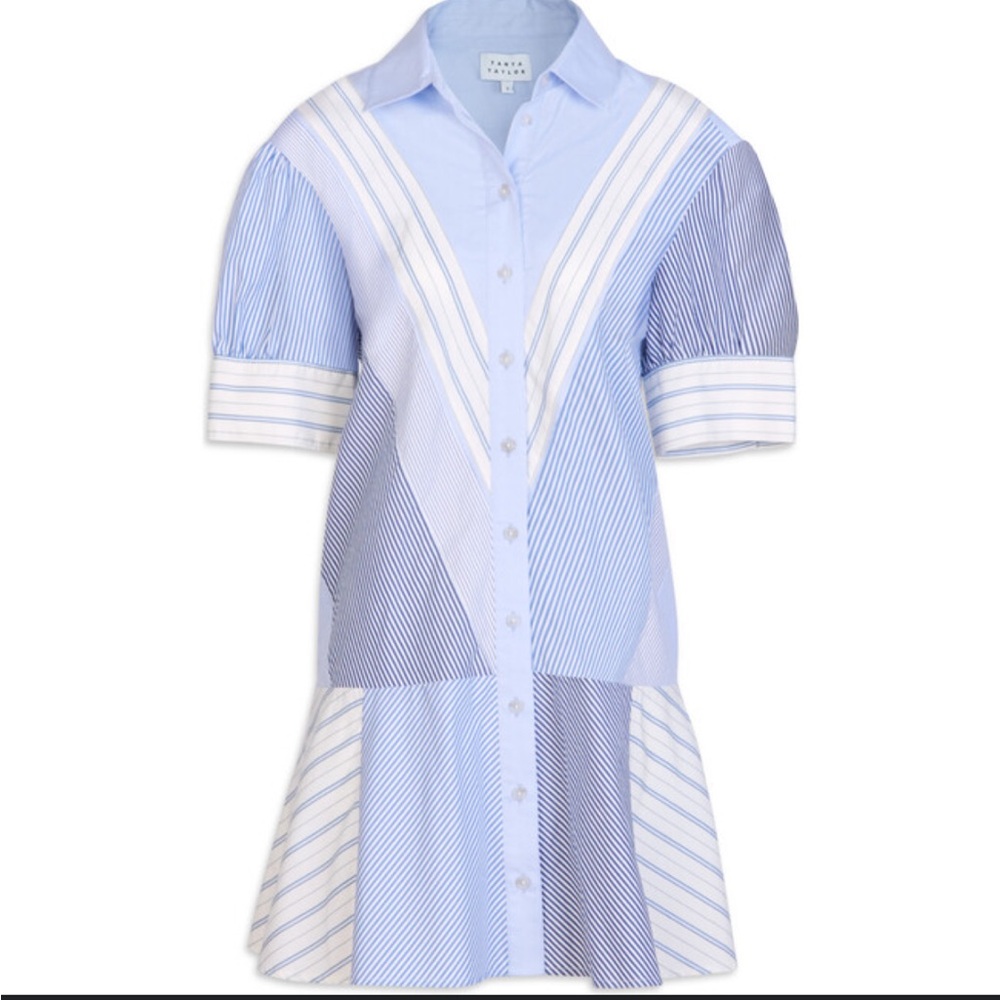 Tanya Taylor Ladessa Striped Long Sleeve Dress - Blue and White